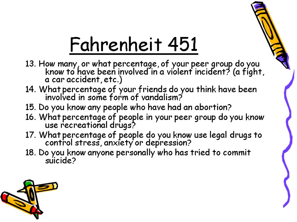 Fahrenheit 451 13. How many, or what percentage, of your peer group do you